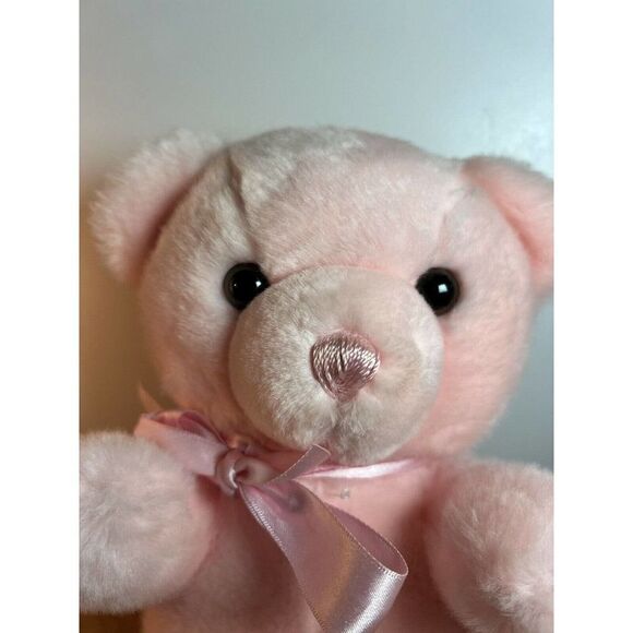 Aurora Baby Girl Pink Teddy Bear Plush Animal Bow 9 Inches Sitting Sewn Nose - Picture 3 of 9